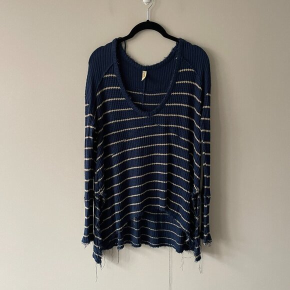 Free People Sunset Park Striped V-Neck Long Sleeve Casual Tunic Top Blue XS - Picture 2 of 10